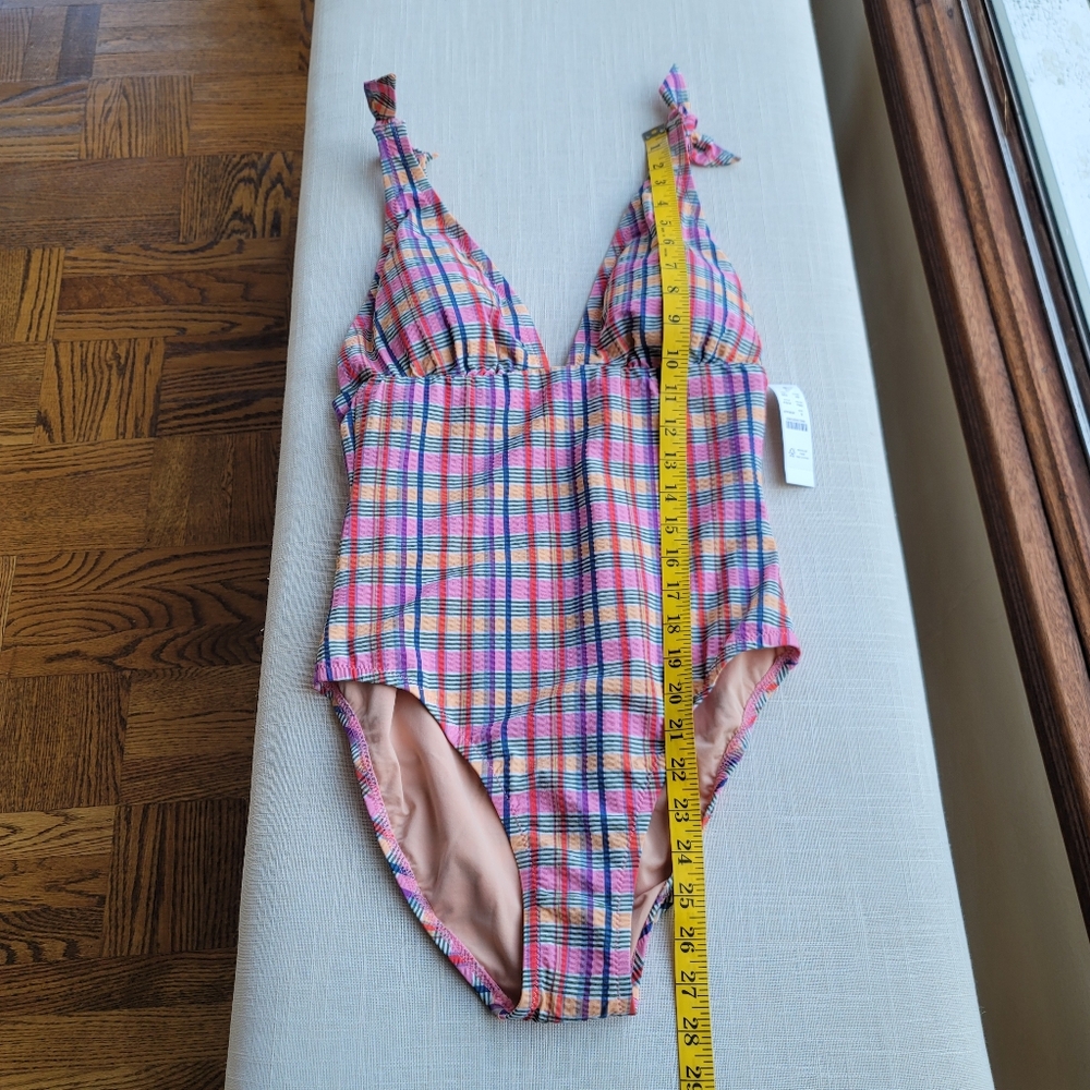 New! J. Crew sz 6 Tie-shoulder one-piece Pink Plaid Swimsuit Madras NWT - Picture 8 of 14
